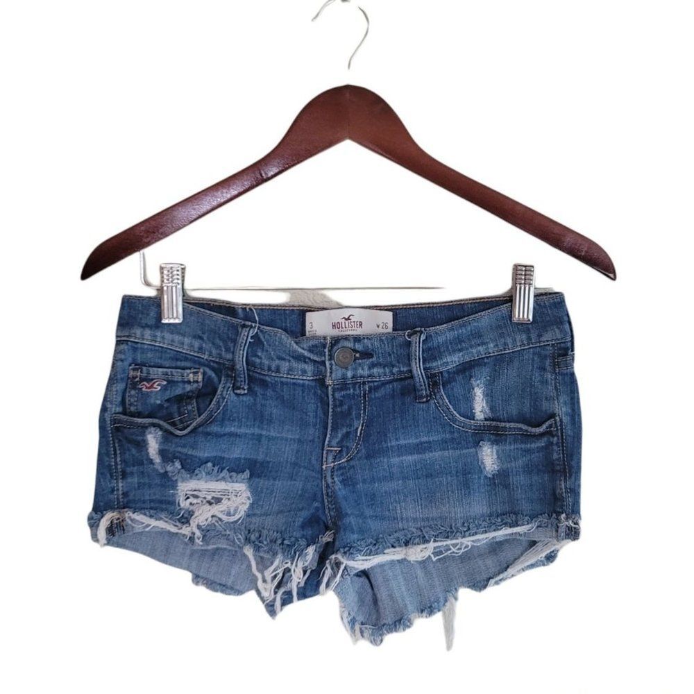Hollister Womens Shorts Blue 3 Jean Booty Shorts  Distressed Raw Hem